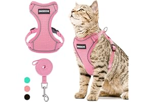 PAWNISAW Cat Harness and Leash Set for Walking Escape Proof - Reflective Adjustable Cat Vest Harness for Small to Large Cat Puppy - Cute Pink Mesh Breathable Soft Cat Full Body Harness