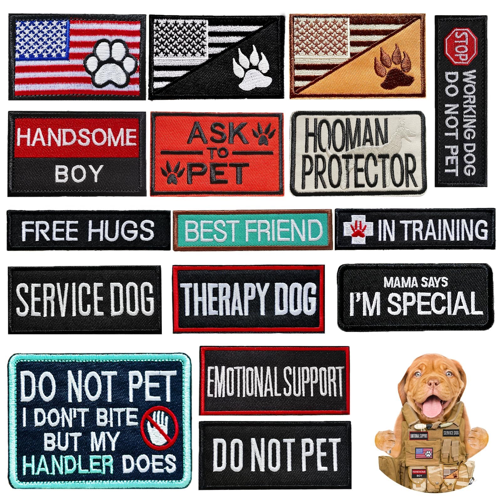 Photo 1 of 16 Pcs Dog Patches for Harness, Working Service Dog Vest Patches Tactical Canvas Removable Hook Loop Patch in Training Dog Vest