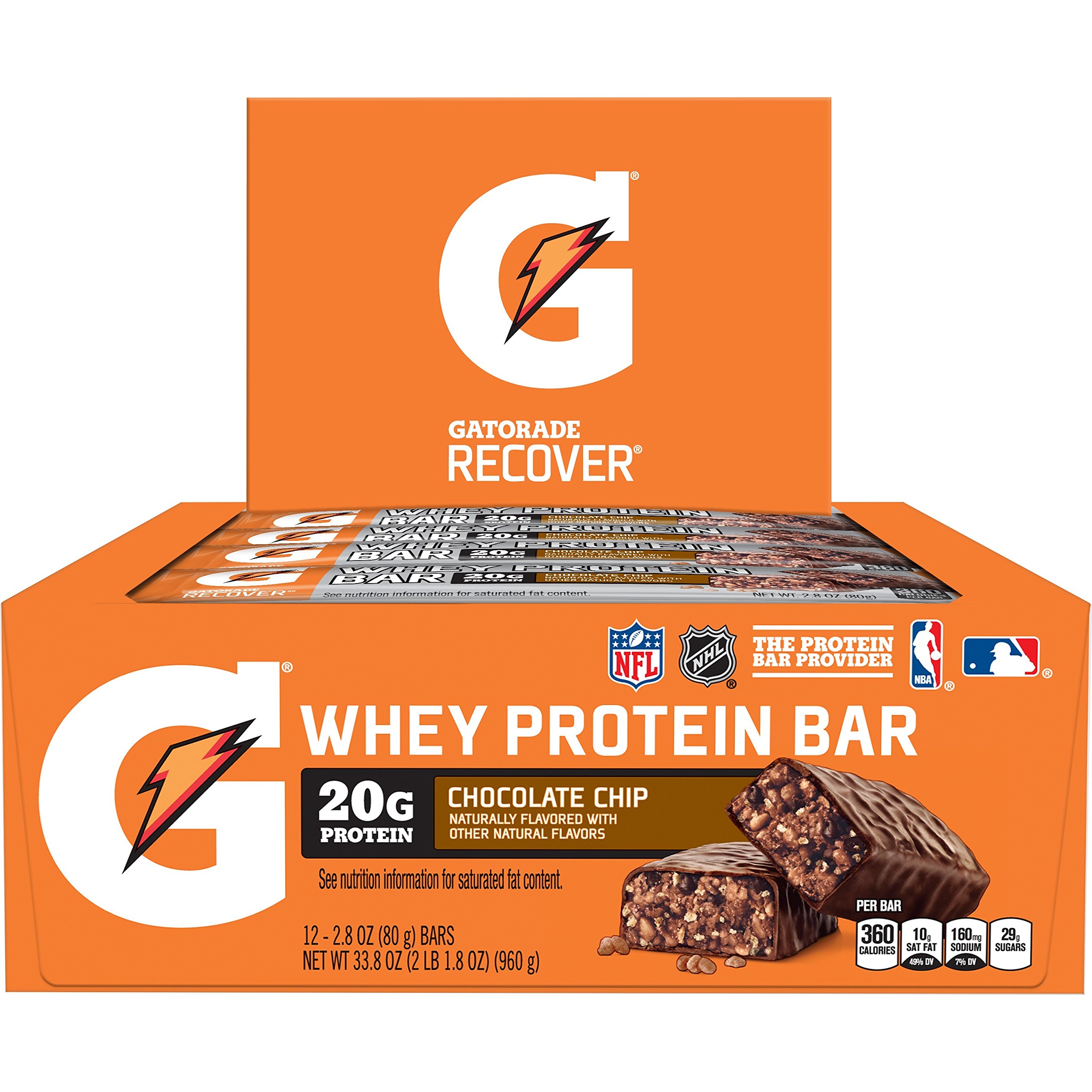 EXPIRED JUL 18 2022 Gatorade Whey Protein Recover Bars, Chocolate Chip, 2.8 ounce bars (12 Count)