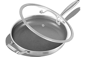 Inqibee 12 Inch Hybrid Nonstick Frying Pan with Lid, Tri-Ply Stainless Steel Skillet with Helper Handle, Induction Compatible