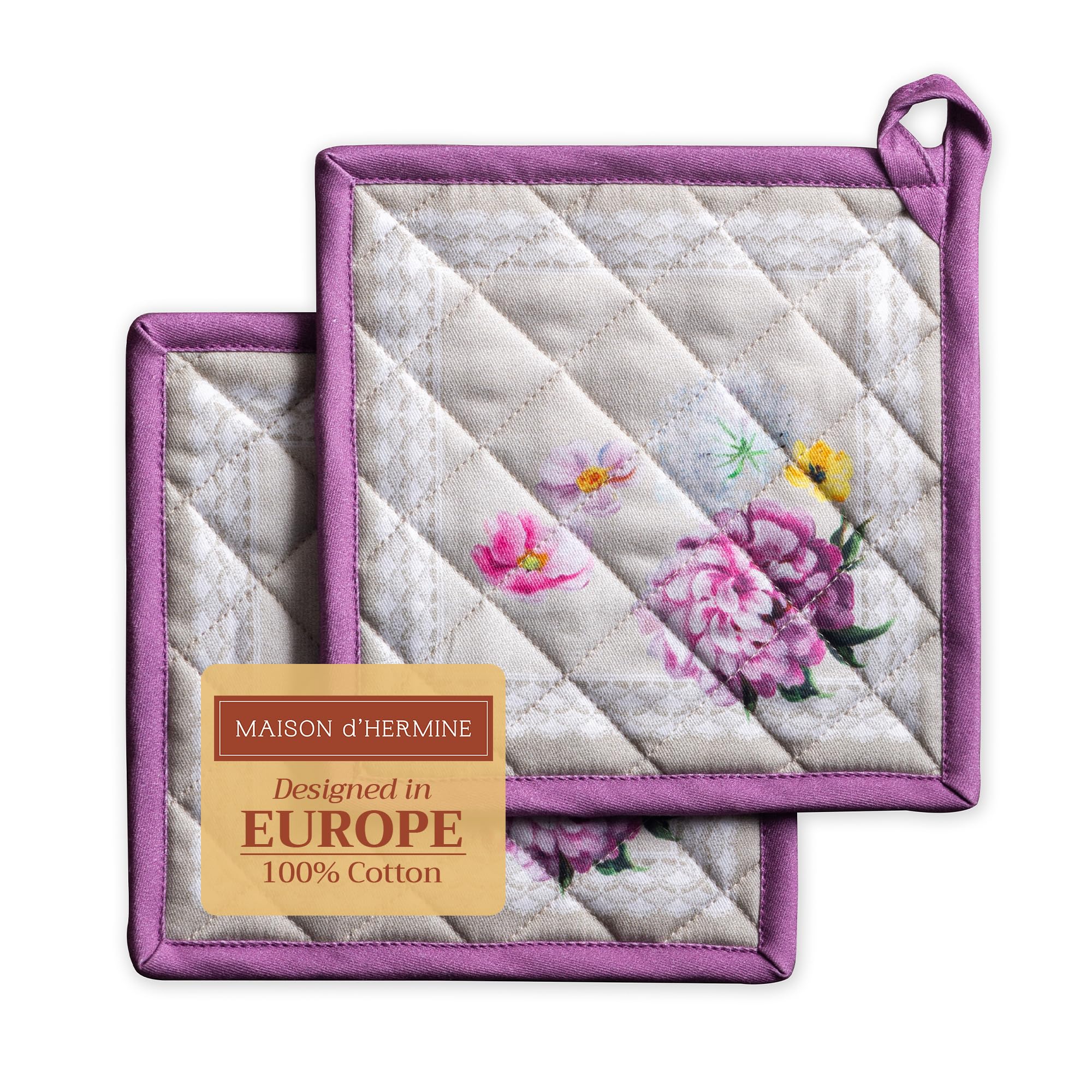 Maison d' Hermine Pivoine Set of 2 Pot Holders 100% Cotton for Barbecue, Baking, Oven, Microwave, Grilling, Spring/Summer, Easter (20 cm x 20 cm)