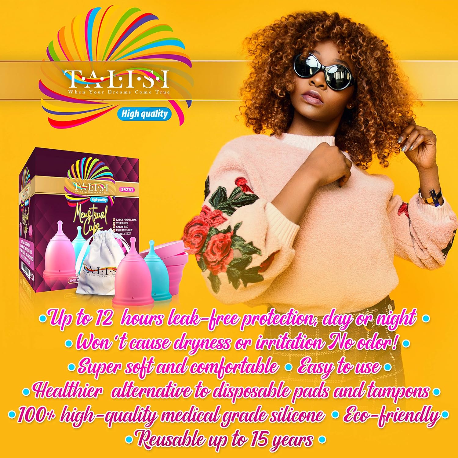 Talisi Reusable Feminine Menstrual Cups – Set of 2 Menstruation Period Cups for Women with Collapsible Sterilization Cup and Carry Bag - Alternative to Tampons and Pads - Regular and Heavy Flow: Health & Personal Care