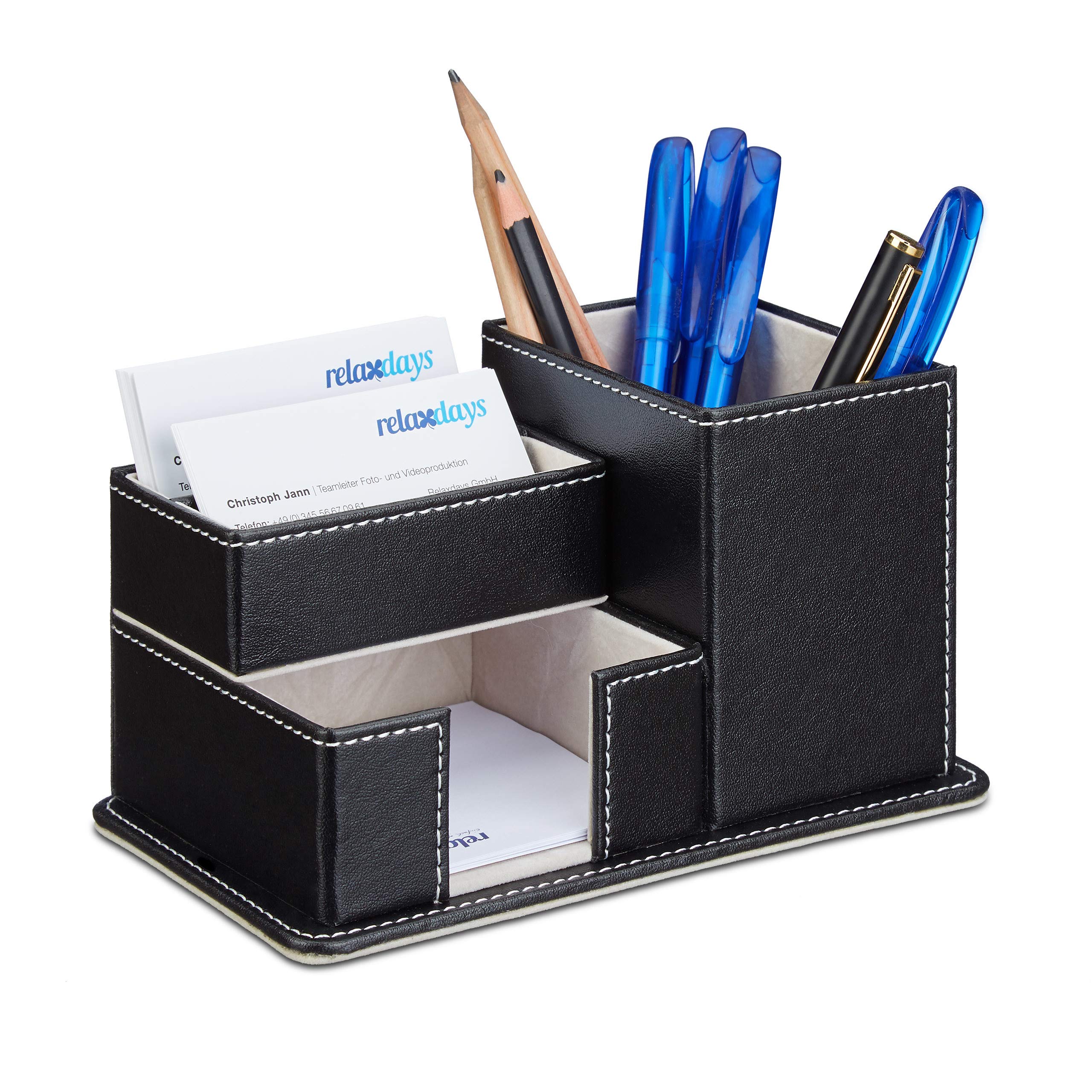 Relaxdays Faux Leather Pen Holder, Desk Organizer for Pencils, Memos, Notes and Stationery Black