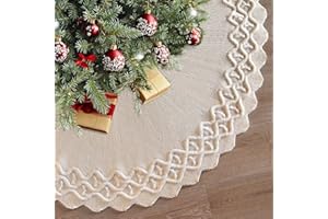 KHOYIME White Knitted Christmas Tree Skirt 36 Inches Rustic Vintage Large Xmas Tree Mat, Chunky Thick Knit Boho Under Tree Ru