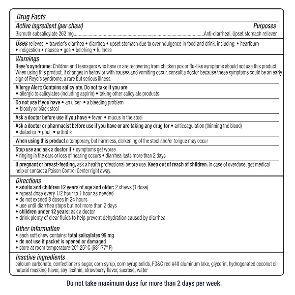 KAOPECTATE SOFT CHEWS, BISMUTH SUBSALICYLATE, ANTI-DIARRHEAL AND UPSET STOMACH RELIEVER – 24 COUNT