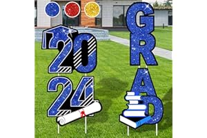 ARTDMT 2024 Graduation Yard Sign Stakes Decorations -Blue and Black Congrats ''2024 GRAD'' Yard Signs Including 4 Pieces Glittering Graduation Yard Signs with 10 Pieces Stakes Party Outdoor Decorations,