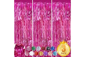 FORLVWOON Hot Pink Party Streamers 3.3x8.3 Feet Metallic Foil Fringe Curtains 3Pack Tinsel Door Streamers Photo Booth Photoshoot Decor Birthday Wedding New Year Christmas Xmas Valentine's Day Party Decorations