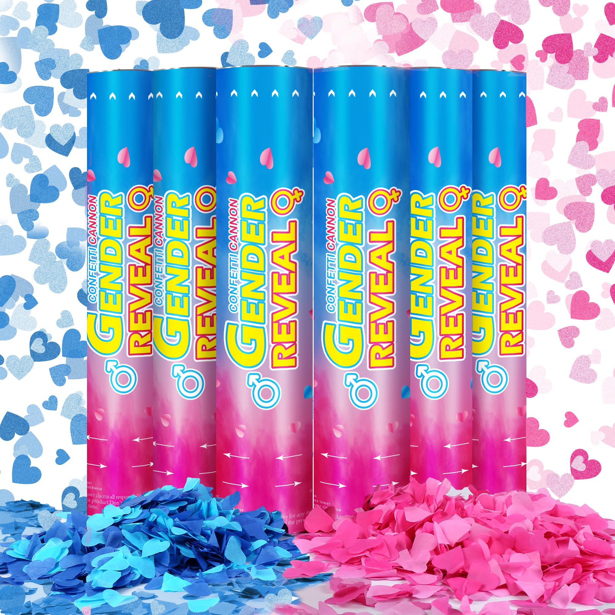 Party Glits Gender Reveal Confetti Cannons – 6 Pack (3 Blue & 3 Pink) – Baby Gender Reveal Cannon Kit with Heart-Shaped Confetti – Easy Twist Party Poppers for Boy or Girl Baby Reveal Decorations