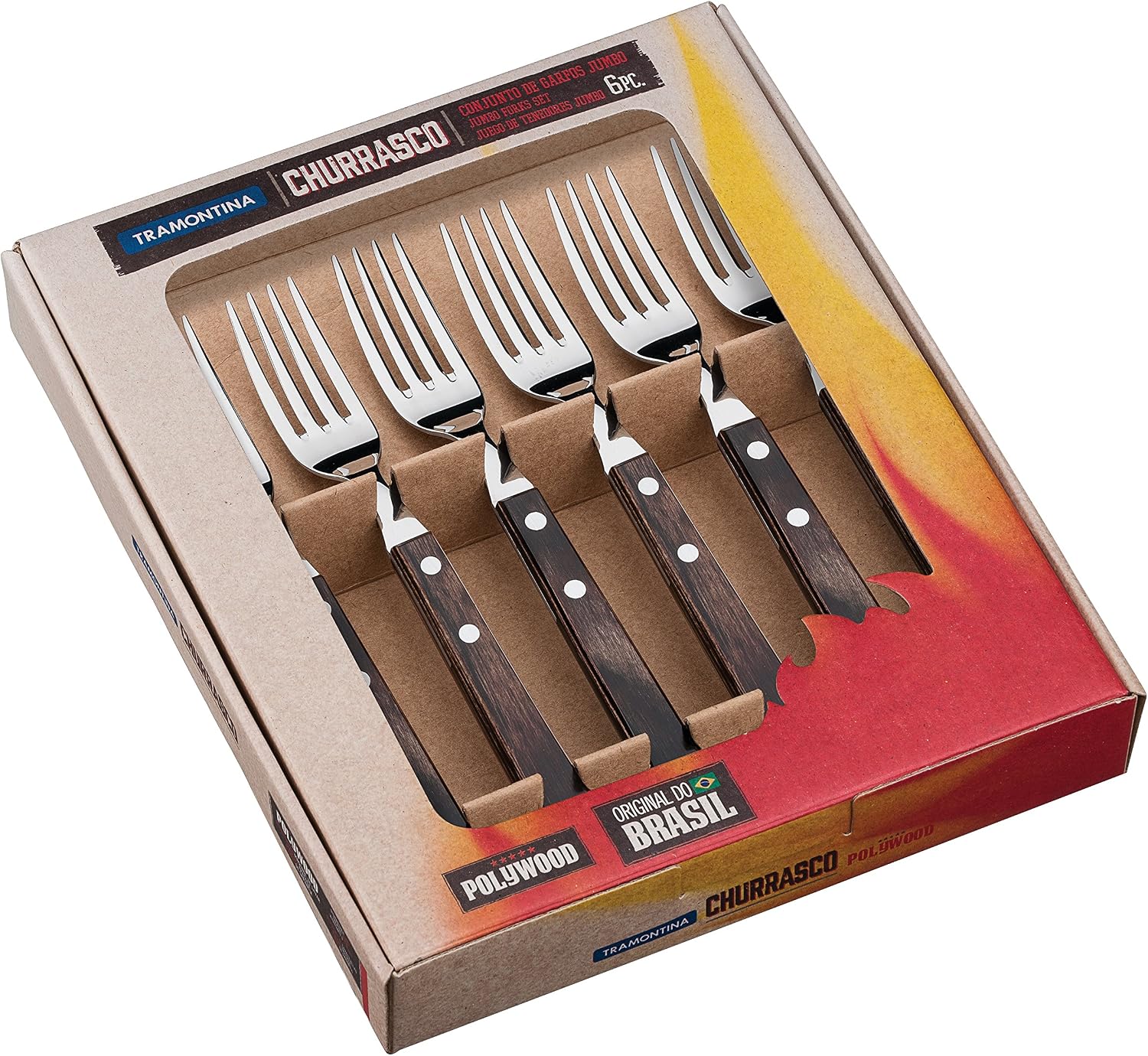 Tramontina Steak Forks, 6 Piece Jumbo Fork Cutlery Set including Wooden Handles, Camping, Kitchen, Rustic, Dishwasher Safe, 29899167