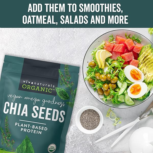 VIVA NATURALS ORGANIC CHIA SEEDS, 2 LB, 32 OZ – PLANT-BASED OMEGA-3 AND VEGAN PROTEIN, GLUTEN FREE & NON-GMO, PERFECT FOR SMOOTHIES, SALADS & CHIA PUDDING
