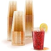 14oz Gold Glitter Plastic Cups (50 Pack), Elegant Party Cups for Birthday Parties, Weddings, and Holidays, Fancy Disposable Cocktail Glasses, Clear and Gold Cups, Bulk Wine and Mimosa Cups