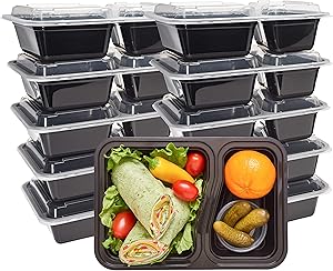 DuraHome - Round Meal Prep Containers with Lids 28oz. Pack of 10 BPA-Free Round Microwaveable Black Plastic Food Storage Container (2 Compartments)