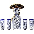 Tequila Decanter Set, Liquor Decanter with Shot Glasses and Mexican Sombrero, Hand-painted Decanter, Skull Decanter, Bar Decoration, Unique Tequila Gift, Gift For Dad (Blue Decanter Set)