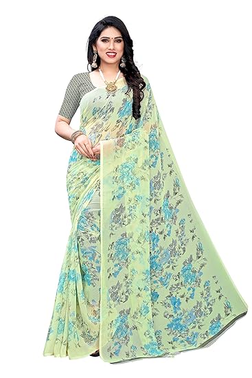 Women's Green Chiffon Printed Saree With Blouse Piece