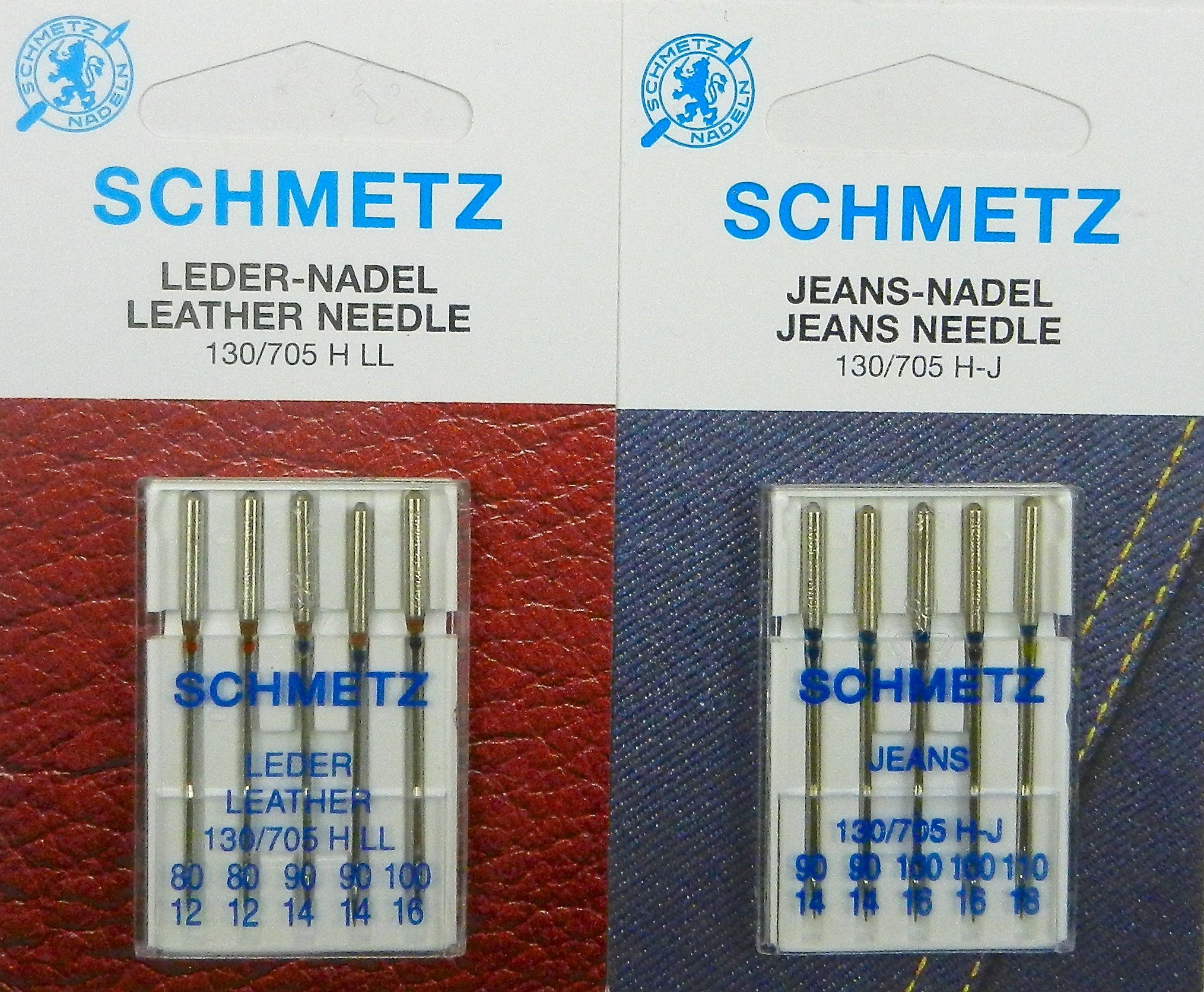 Schmetz Sewing Machine Needle Assortment, Leather & Jeans (Denim) - 10 Assorted 130/705 Needles