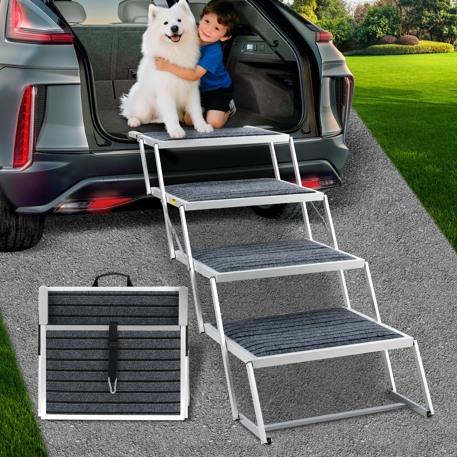 Photo 1 of (***FINAL SALE/NO RETURN***)
Extra Wide Dog Stairs for Large Dogs, Foldable Dog Ramp for Car with Non Slip Rug Surface, Portable Pet Steps for Cars, SUV, High Beds, Trucks, Supports up to 200 lbs (for The Trunk of The Car Only)