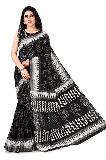 Womens Poly Cotton Printed Saree With Un-stitched Blouse Piece (18061-Black-6.3 meters)