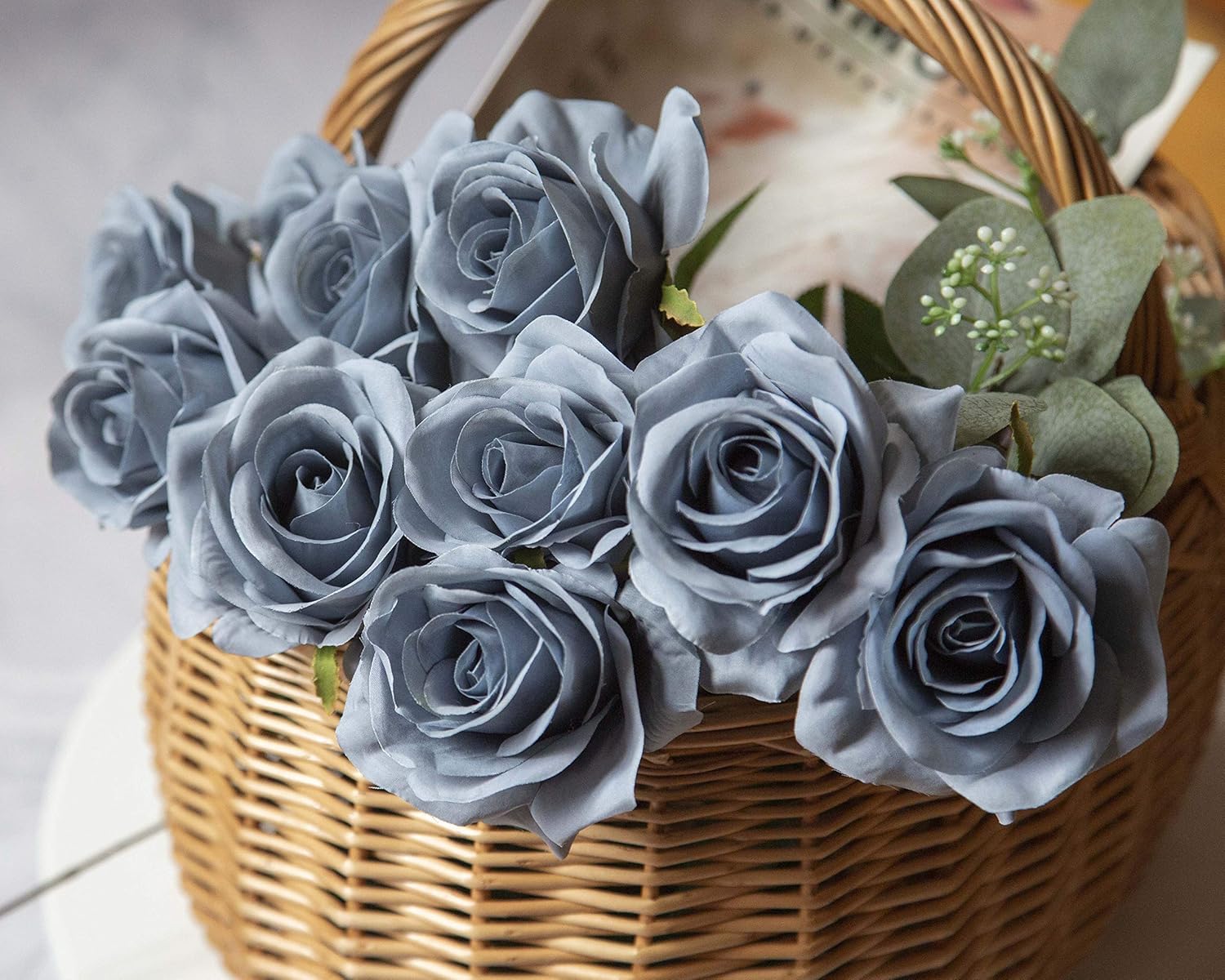 DuHouse 10Pcs Artificial Roses Fake Silk Flowers Realistic Bridal Bouquets with Single Long Plastic Stems for Arrangement Wedding Table Centerpiece Party Home Decor(Dusty Blue) - Image 4