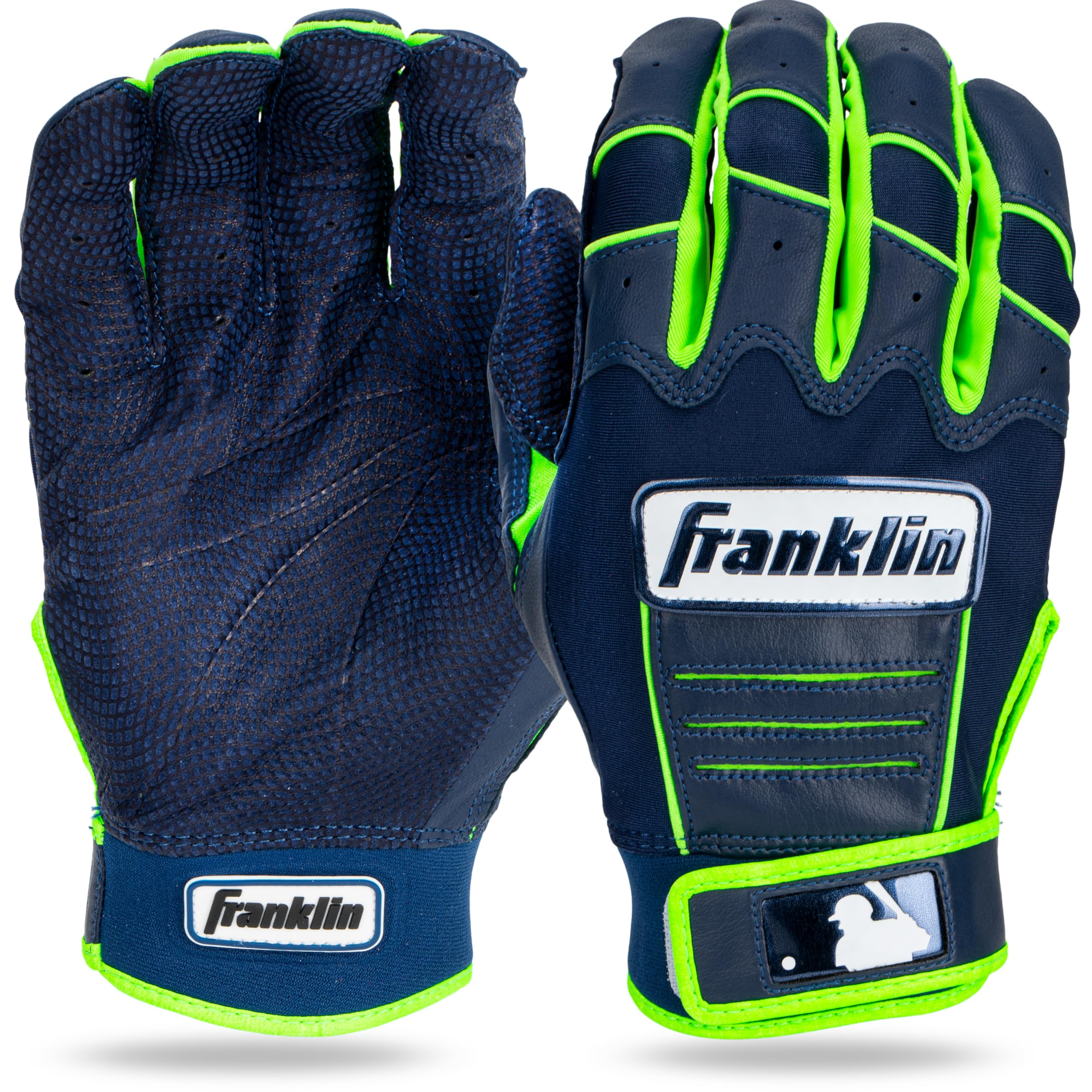 Franklin Sports MLB Batting Gloves - CFX Pro Adult Men's + Youth Batting Gloves Pair - Baseball + Softball - Navy/Green - Youth Small Image