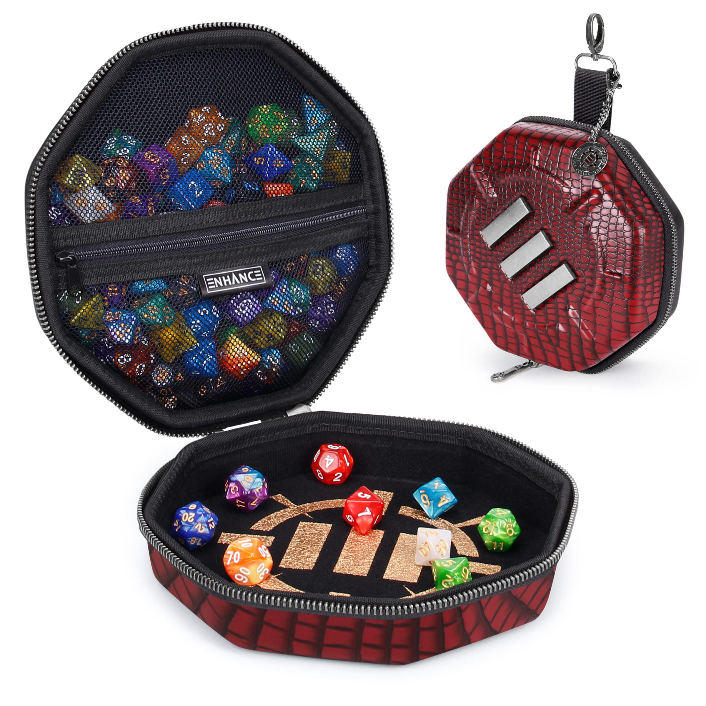 ENHANCE DnD Dice Tray and Case - Collector's Edition DnD Dice Holder up to 150 D&D Shakers with Hard Shell Exterior and Protective Soft Interior - Rolling Tray Perfect for Game Night (Dragon Red)