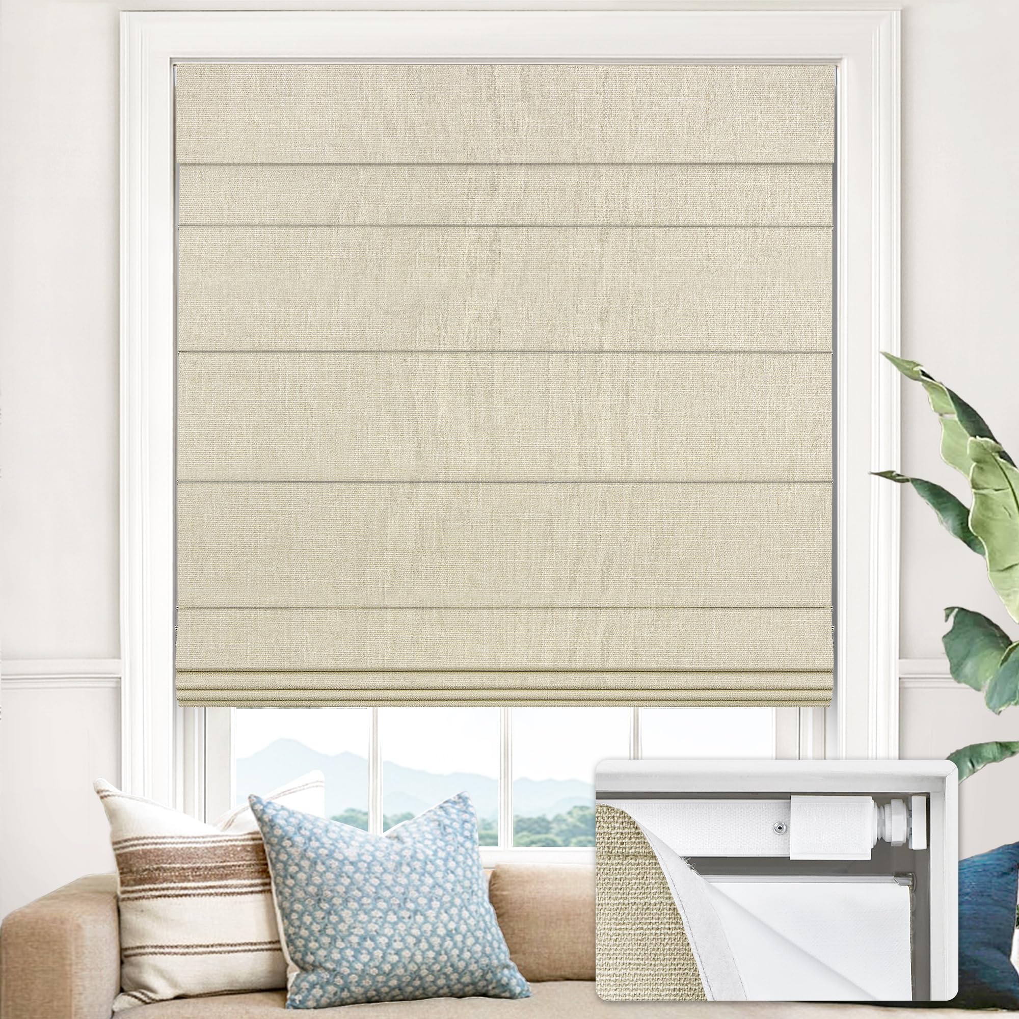 Photo 1 of UNISHADES 100% Blackout No Tools No Drill Cordless Roman Shades for Windows, Size 45 3/4" W × 60" H (for Windows 46" W × 60" H) Blackout - Beige