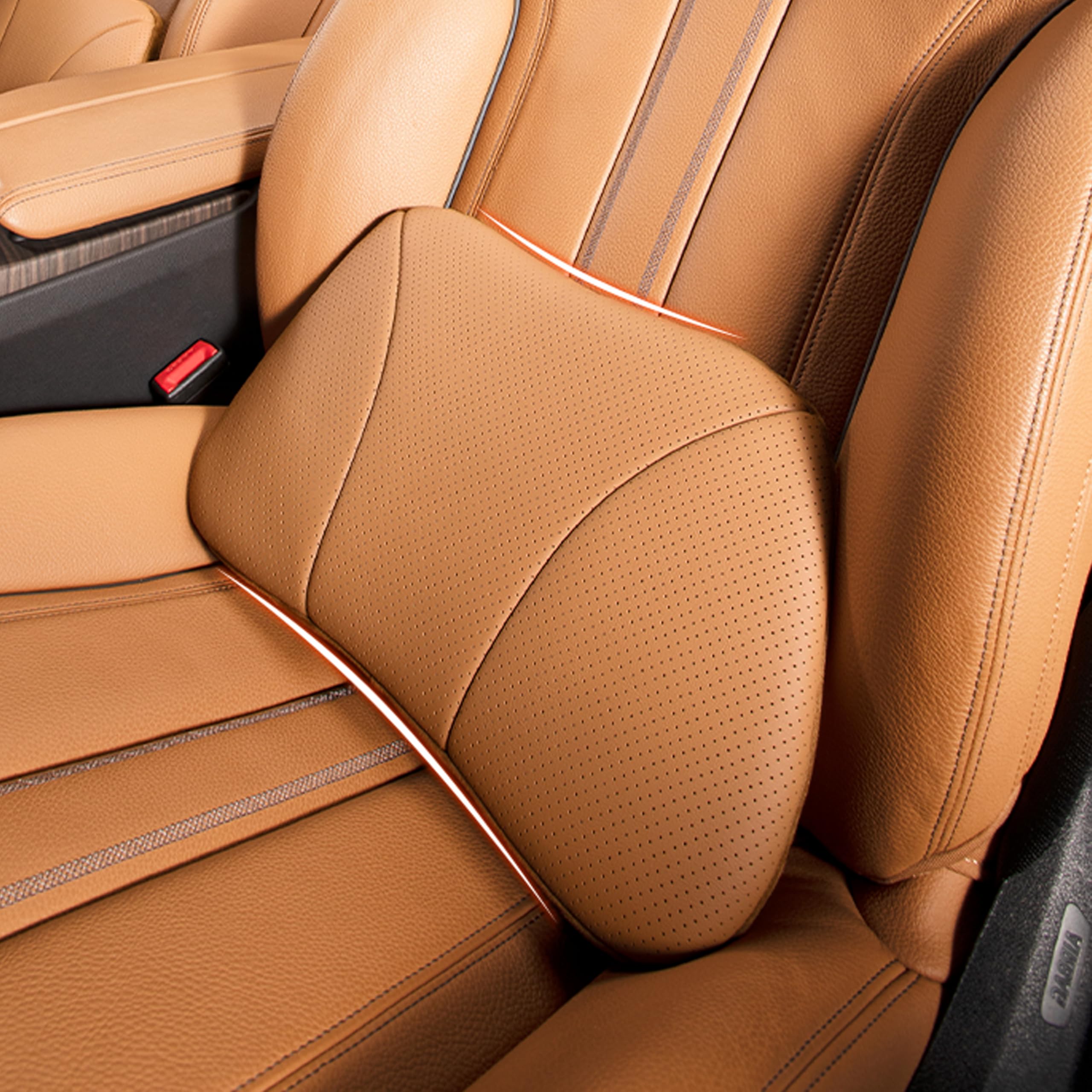 POKSRI Genuine Leather Lumbar Support Pillow,Back Pain Relief Cushion,fits tightly around waist,Real Cowhide,Memory Foam,fit Car Drive,Office chair,Rest seat,Improve Posture,Portable,15.5''Lx 8.7''H