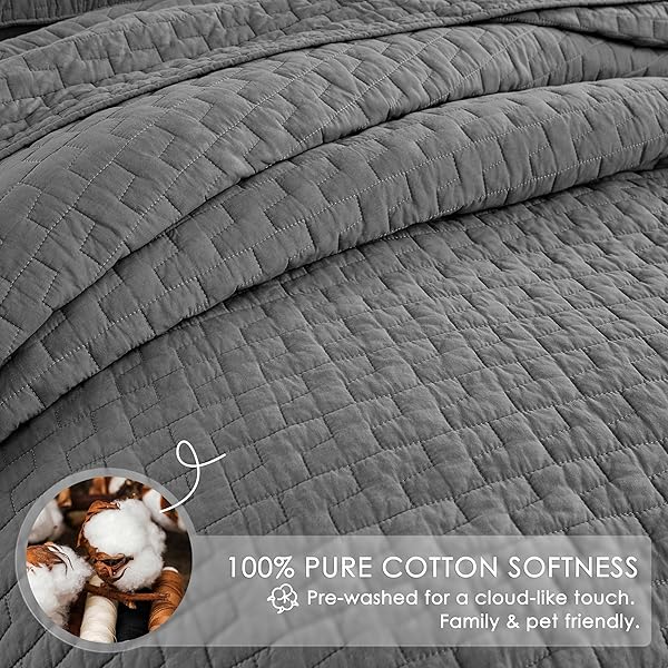 PALASSIO DARK GREY 100% COTTON QUILT KING SIZE BEDDING SETS WITH 2 PILLOW SHAMS, TEXTURED LIGHTWEIGHT SOFT BEDSPREAD SHABBY CHIC COVERLET, QUILTED COMFORTER BED COVER FOR ALL SEASON, 3 PIECES