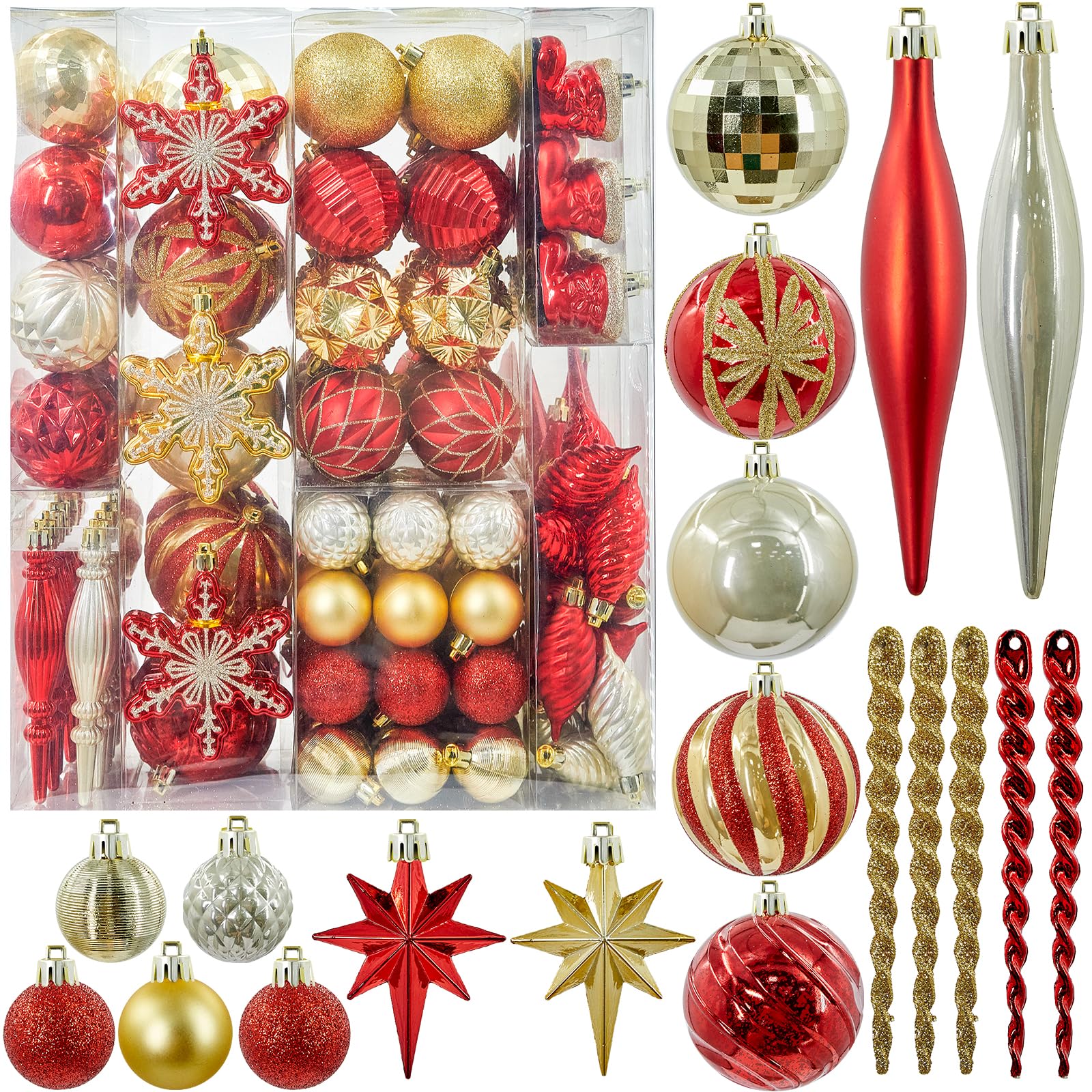 Photo 1 of JORNOY 190ct Christmas Tree Ornaments, Shatterproof Christmas Ornaments Balls Sets Decorations for Xmas Tree Red and Gold Decorative Hanging Ornaments Baubles