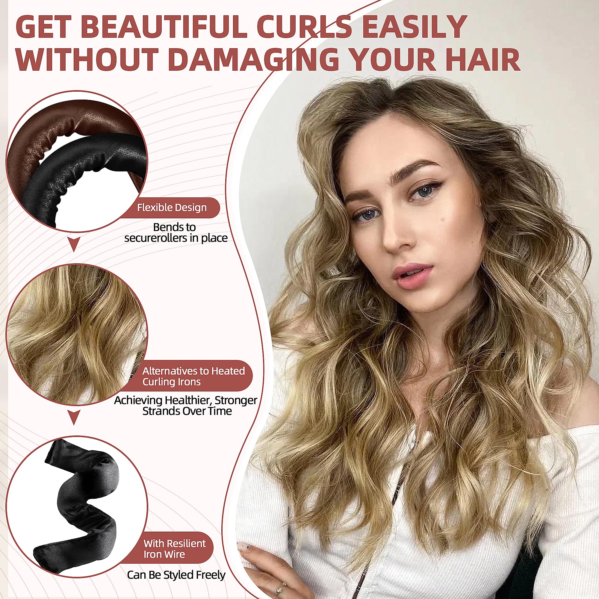 Heatless Curls Overnight Rods - 6 Pcs No-Heat Blowout Hair Curler Set, Hair Rollers for Long Hair with Bonnet for Sleeping
