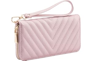 B BRENTANO Brentano Vegan Leather Slim Single-Zipper Chevron Embroidered Wallet Clutch with Removable Wrist Strap (PINK GOLD)