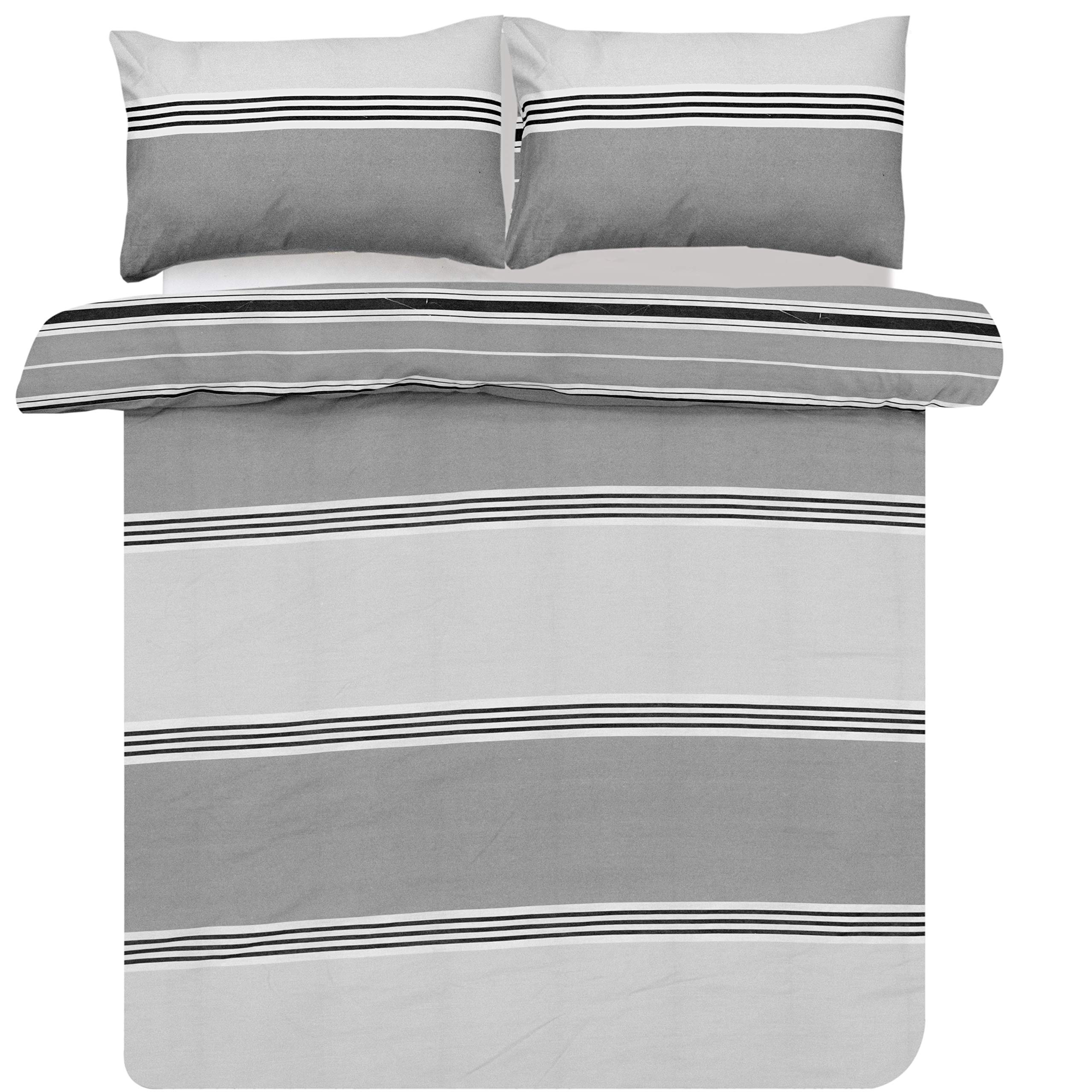 Sleepdown Duvet Cover Set - Grey - Geometric Banded Stripe - Reversible Quilt Cover Easy Care Bed Linen Soft Cosy Bedding Sets with Pillowcases - Double (200 cm x 200 cm)