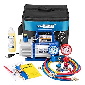 VIVOHOME 110V 1/4 HP 3.5CFM Single Stage Rotary Vane Air Vacuum Pump and R134a AC Manifold Gauge Set Kit with Thermometer Carry Bag for HVAC Air Conditioning Refrigeration Recharging
