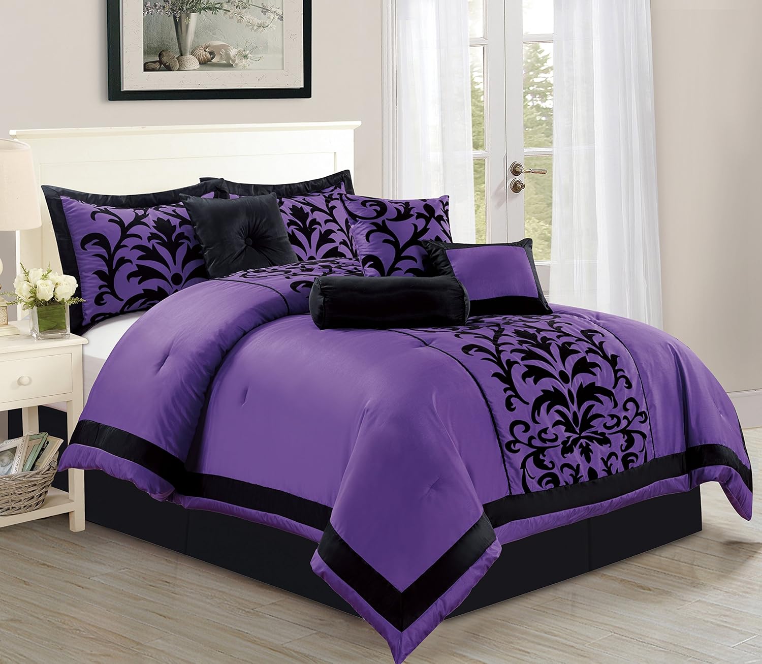 Empire Home Sarah 8-Piece Flocking Comforter Set Over Sized Bed in A Bag - Purple (Queen)