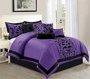 Empire Home Sarah 8-Piece Flocking Comforter Set Over Sized Bed in A Bag - Purple (Queen)