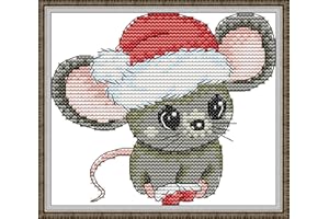 CROSSDECOR Stamped Cross Stitch Kits,Animals Counted Cross-Stitch Needlepoint Kits for Beginners,Embroidery Kit Arts and Crafts for Home Wall Decor Gifts-Santa hat Mouse 16×15CM