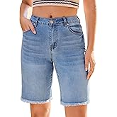 luvamia Jean Bermuda Shorts for Women Trendy Mid Rise Raw Hem Knee Length Stretchy Denim Long Shorts Summer Casual Jorts
