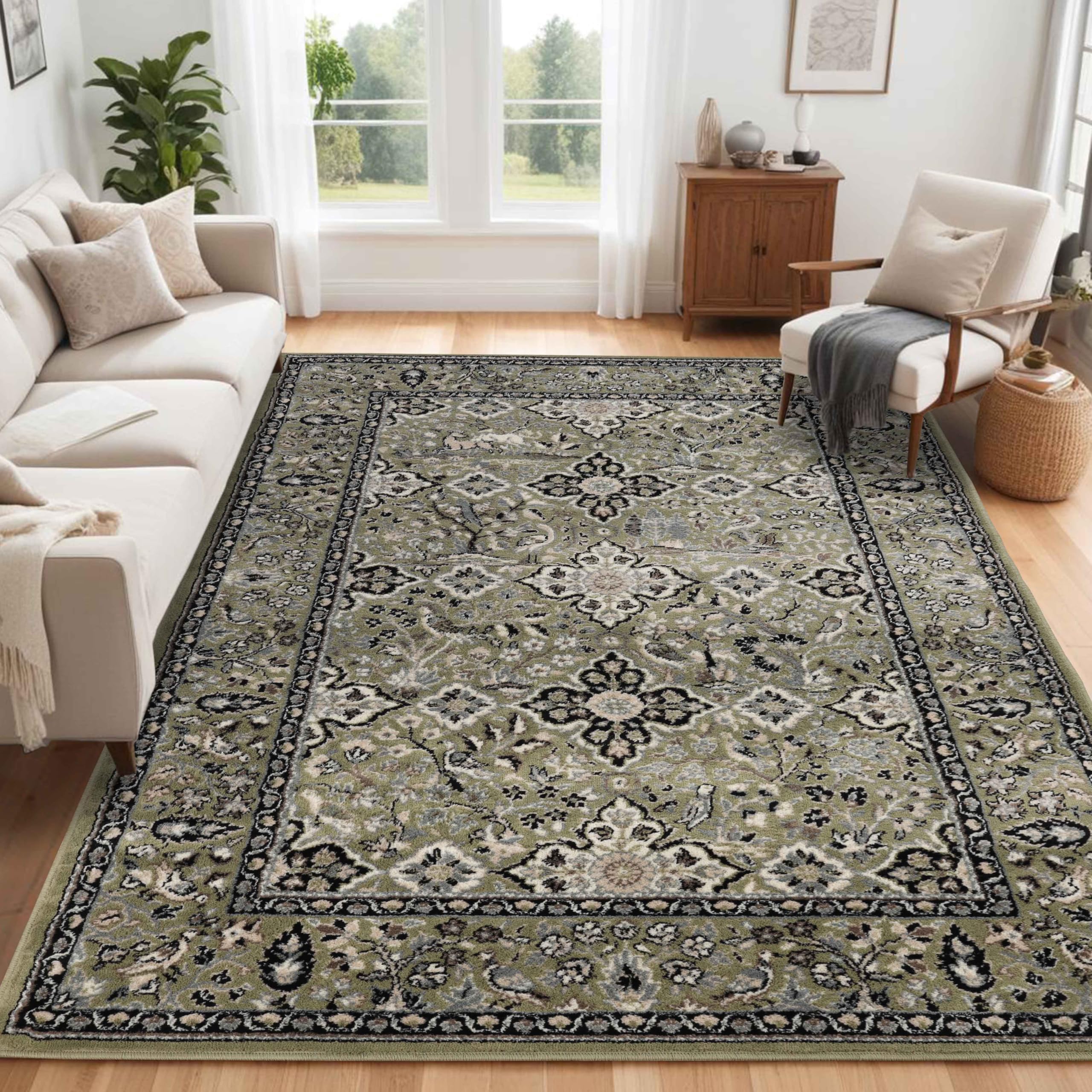 Photo 1 of Superior Indoor Area Rug, Jute Backed, Perfect for Entryway, Office, Living/Dining Room, Bedroom, Kitchen, Hardwood Floor, Floral Medallion Decor, Radcliffe Collection, 6' x 9', Green