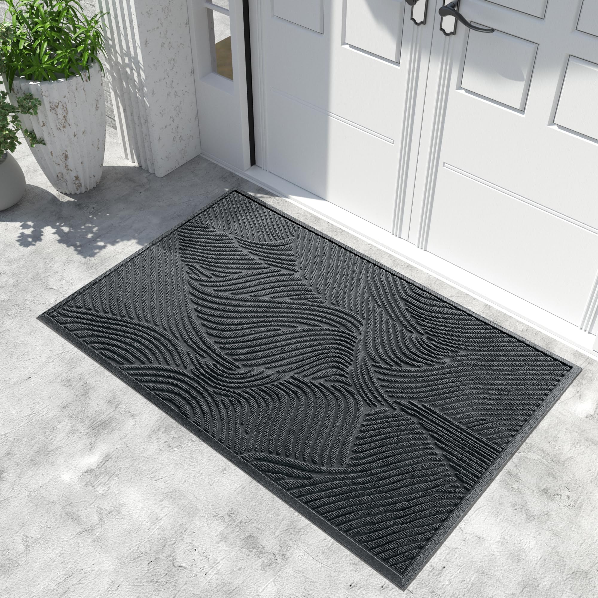 Yimobra Doormat Indoor Outdoor Entrance, Simple Stripes, All-Weather Waterproof & Non-Slip Mat for Front Door, Heavy Duty Polyester Welcome Mat for Garage, Patio-60x36，Dark Grey Image