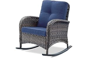 Belord Patio Rocking Chair Wicker Chair, 1 Piece Outdoor Rocking Chair Seating with Cushions for Porch Deck Balcony, Brown/Blue