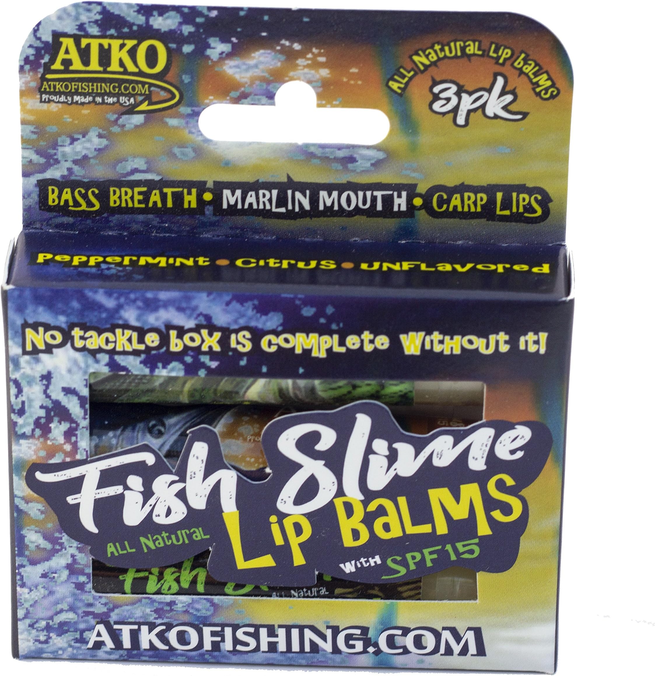 Atko Fish Slime Lip Balm-All Natural 3 Flavors-Carp Lips(unflavored), Bass Breath(Peppermint), Marlin Mouth(Citrus) (Fish Slime 3 Pack)