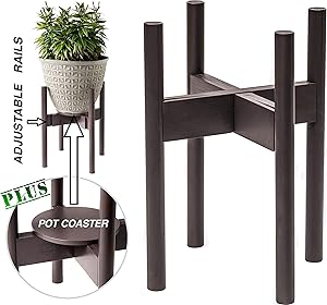 Bronze Wood Plant Stands Mid Century Modern Planter Holder Indoor Outdoor -with Flower Pot Coaster - Adjustable Width 8-12 Inches - Heavy Duty Bamboo -By ZPirates