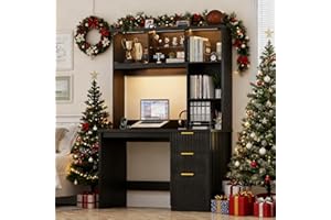 Lvifur LED Study Desk with Hutch & Storage Cabinet, 47" Home Office Desk with Outlet and 3 Color LED, Writing Desk for Bedroom, Computer Desks for Studyroom, Ideal for Office Set, Black