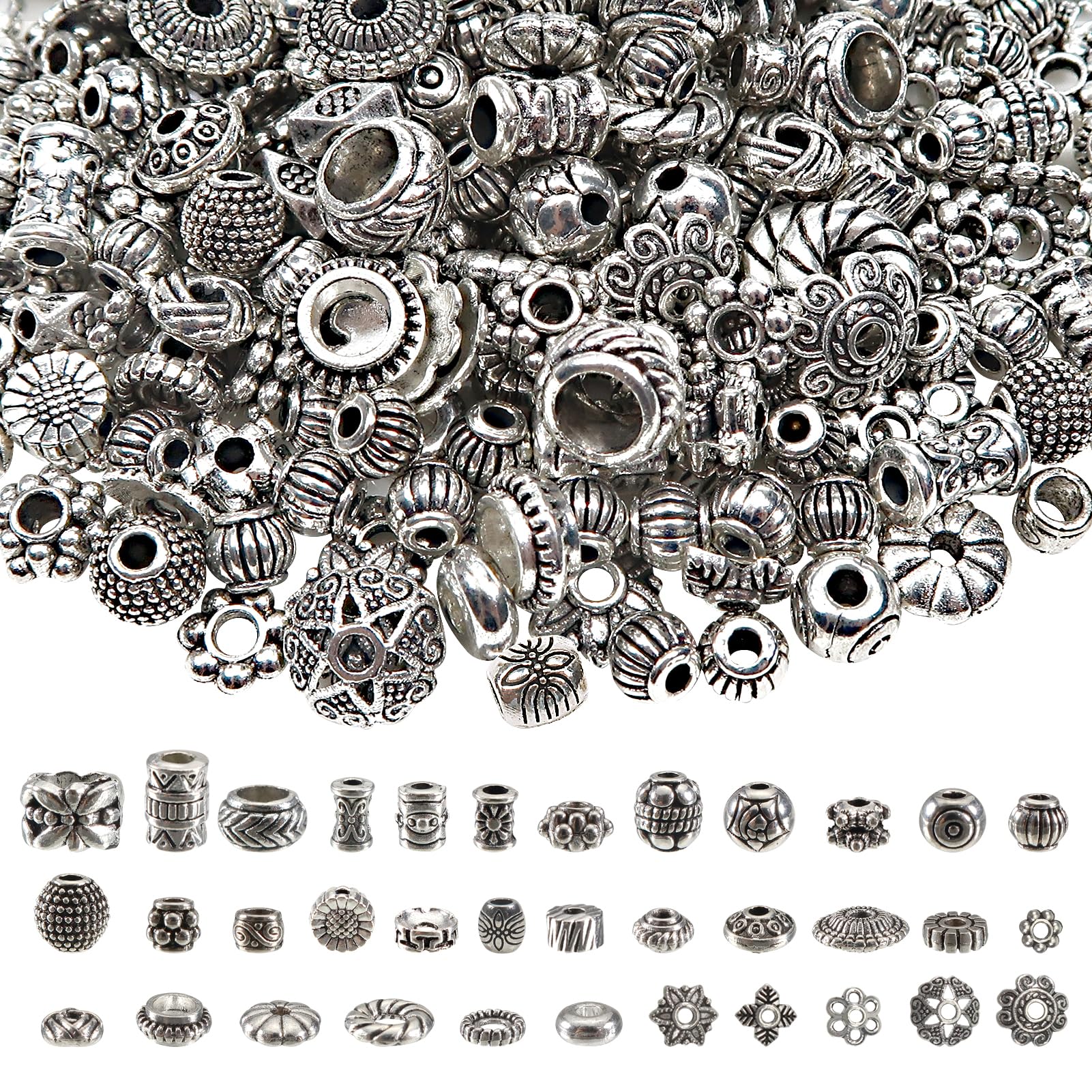 TOAOB 300 Pieces Beads Metal Tibetan Silver 35 Styles Spacer Beads 4mm to 8mm Mixed Size for DIY Jewelry Making Bracelets Necklaces Bracelets Pendants