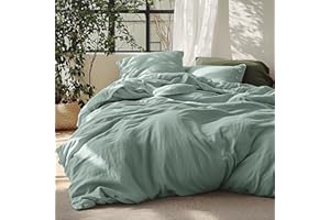 Bedsure Linen Duvet Cover Queen - Linen Cotton Blend Bedding Set, Soft & Cozy, 3 Pieces, 1 Duvet Cover 90x90 Inches and 2 Pillowcases, Sage Green Color Cooling Bedding, Comforter Sold Separately