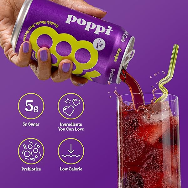 POPPI SPARKLING PREBIOTIC SODA BEVERAGE WITH APPLE CIDER VINEGAR, SELTZER WATER AND FRUIT JUICE, GRAPE FLAVOR, 12 FL OZ, 1 COUNT, PACKAGING MAY VARY