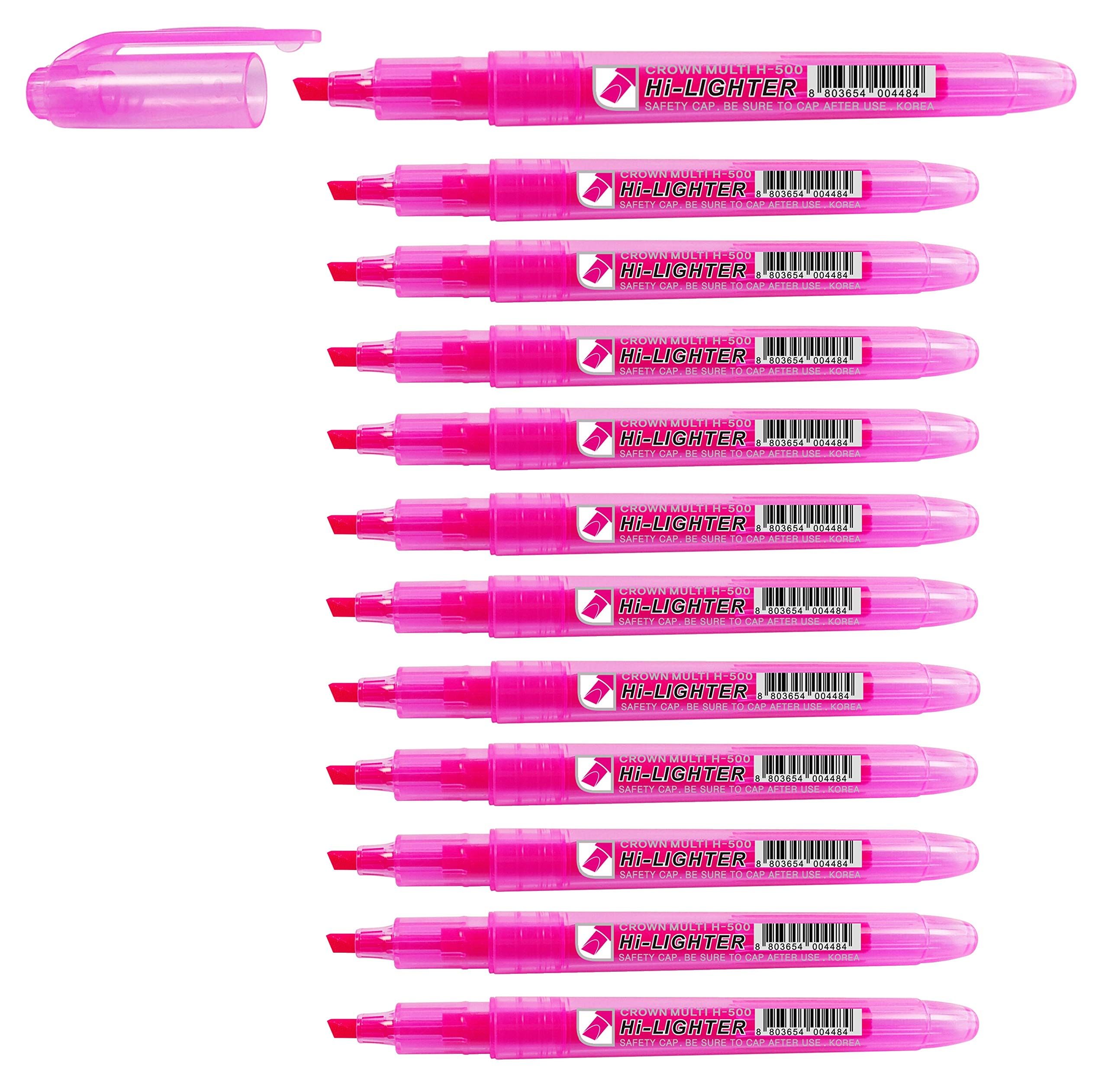 CROWN H-500 Highlighter Pens Chisel Tip Slim Highlighters - Pack Of 12 - With Bright Fluorescent Ink - Pink 29628X
