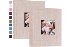 Mublalbum 2 Pack Small 5x7 Photo Album Linen Cover with Display Window Mini Picture Book Each Holds 52 Vertical Pockets for Artwork Postcards or Pictures Storage (Beige)