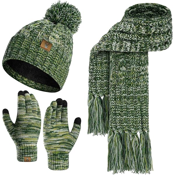 Women's Winter Beanie Hat Scarf Gloves Set - Touch Screen Gloves With Pom Pom, Red, One Size