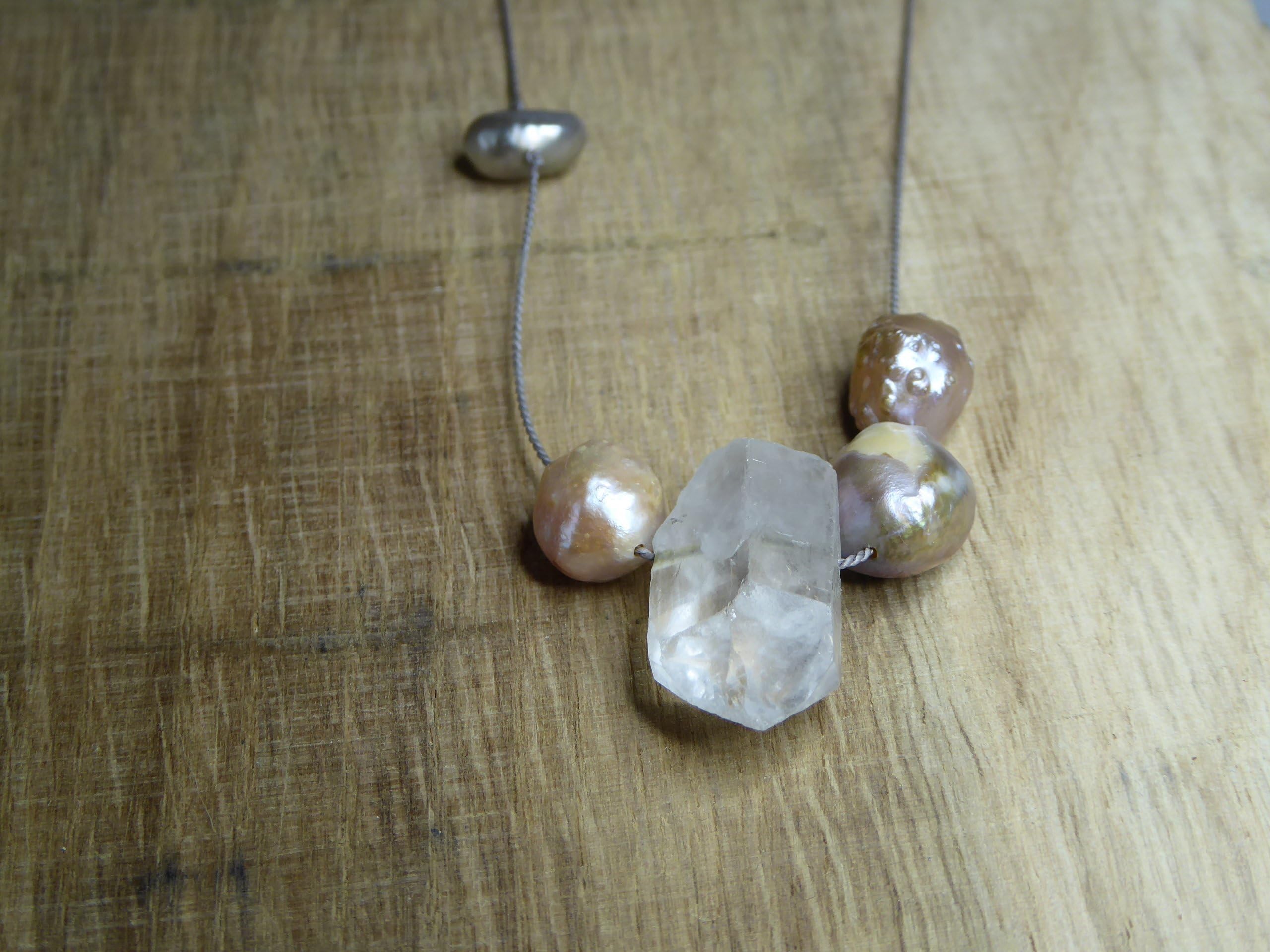Raw Crystal & Kasumi Pearl Necklace On Adjustable Silk Cord