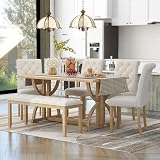 Merax 6-Piece Solid Wood Kitchen Dining Room Table Set with Bench and Upholstered Chairs for 6 Persons, Dining Table Set with with Rectangulars Table and Upholstered Seat, Natural Wood Wash